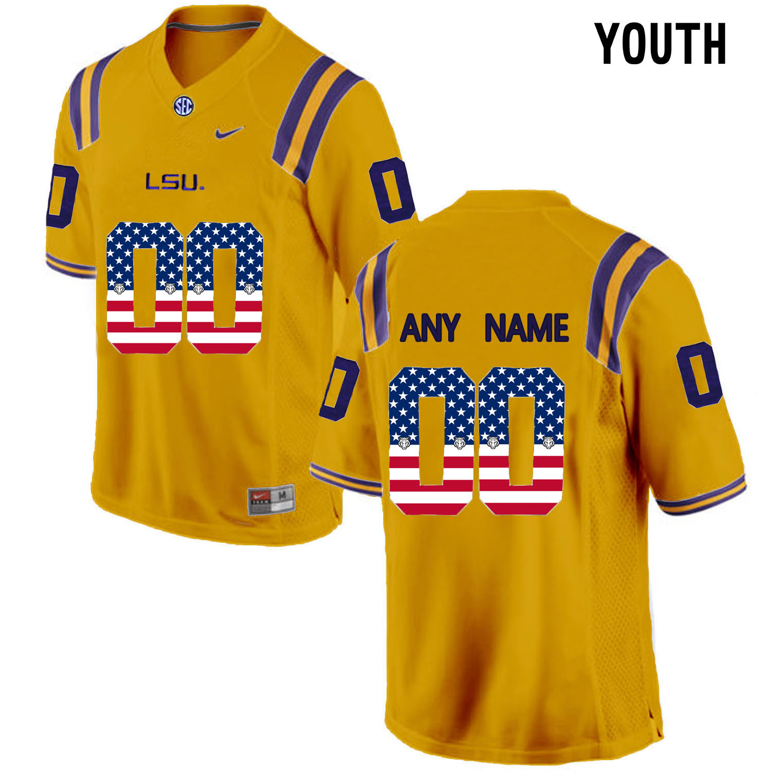 US Flag Fashion  Youth LSU Tigers Customized College Football Limited Jersey  Gold->->Custom Jersey
